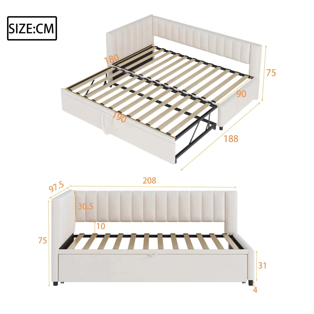 OKWISH Letto a Scomparsa 90×200 cm, Letto Singolo con Letto Estraibile, Schienale e Testiera, senza Materasso, in Velluto, Beige