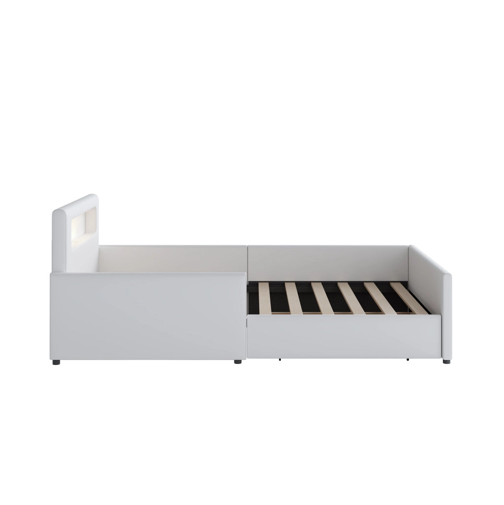 Letto imbottito bambini 90x200 cm; USB e luce notturna; cassetti; pelle sintetica; bianco