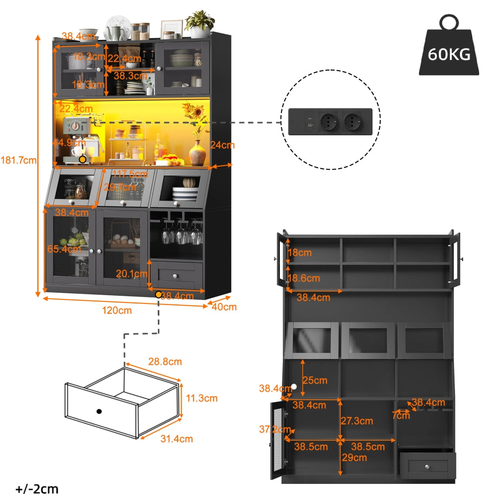 Credenza alta da cucina con LED, porta in vetro e ripiani regolabili, USB, in MDF nero, 120 × 40 × 181.7 cm