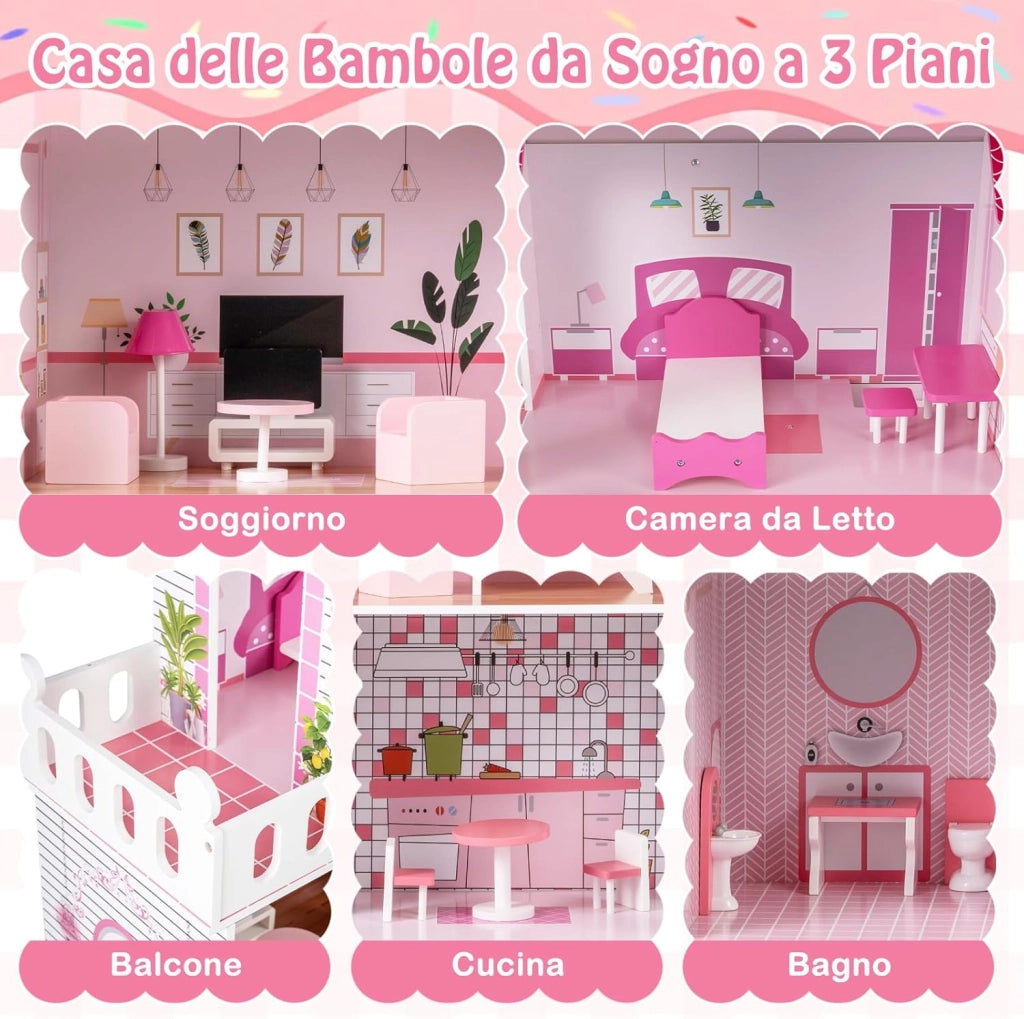 Casa delle Bambole a 3 Piani in Legno, Casa Barbie con Scale e 17 Pezzi di Mobili Completi, Villa da Principessa Fai-da-Te Giocattolo per Bambini 3+ Anni, 74,5 x 63 x 120,5 cm (Rosa)
