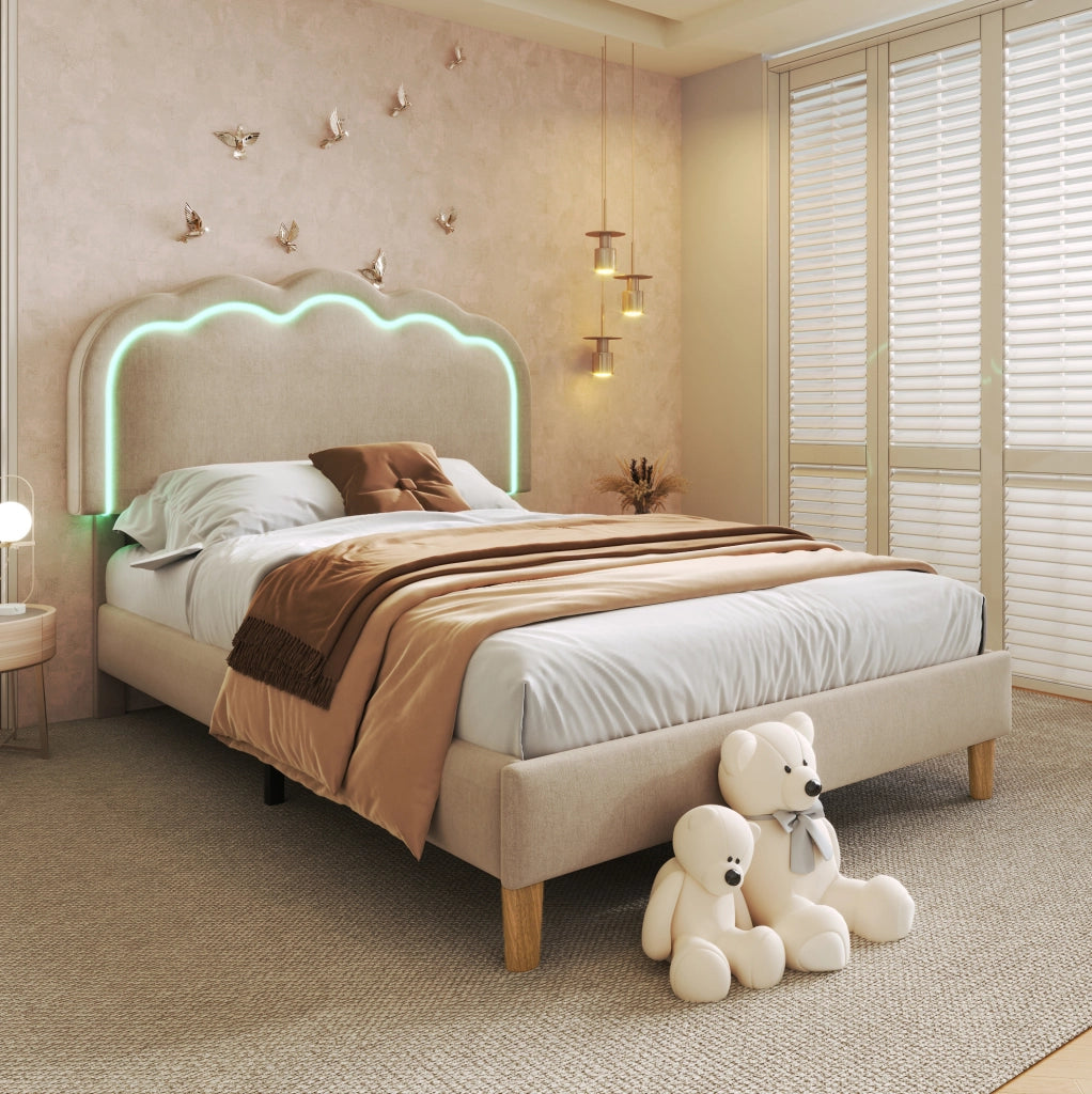 Letto imbottito 90x200 cm; testiera LED regolabile; lino; beige (Senza materasso)