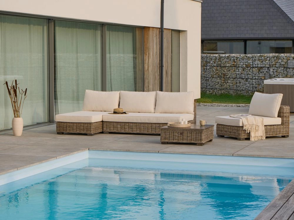 Set salotto da giardino grigio in rattan naturale divano da esterno con tavolino destro