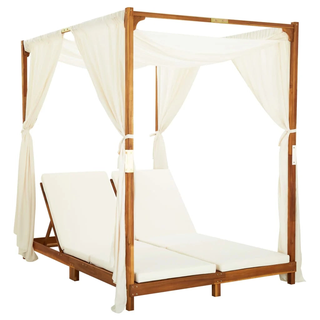 Lettino prendisole sedia a sdraio lettino da giardino mobili da patio set da esterno doppio con tende e cuscini legno di acacia 02_0012739