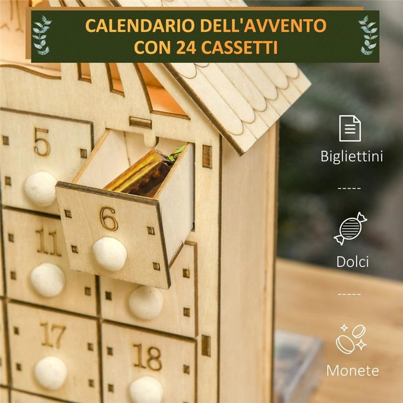 CALENDARIO DELL'AVVENTO IN LEGNO CON 24 CASSETTI E PRESEPE INTAGLIATO - 26.6X6X30CM