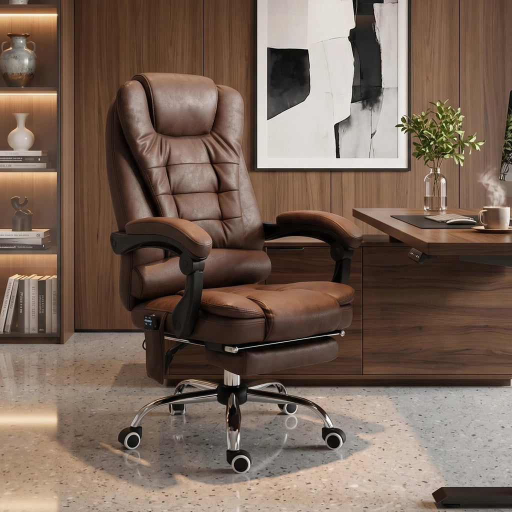 Poltrona da ufficio direzionale massaggiante riscaldante in microfibra marrone con schienale reclinabile ergonomica per studio