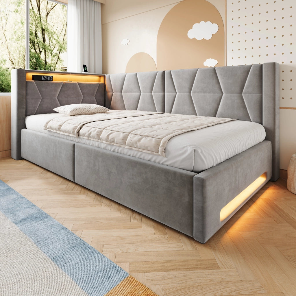 LETTO Contenitore 90x200 cm in velluto grigio scuro con LED, USB e Type-C
