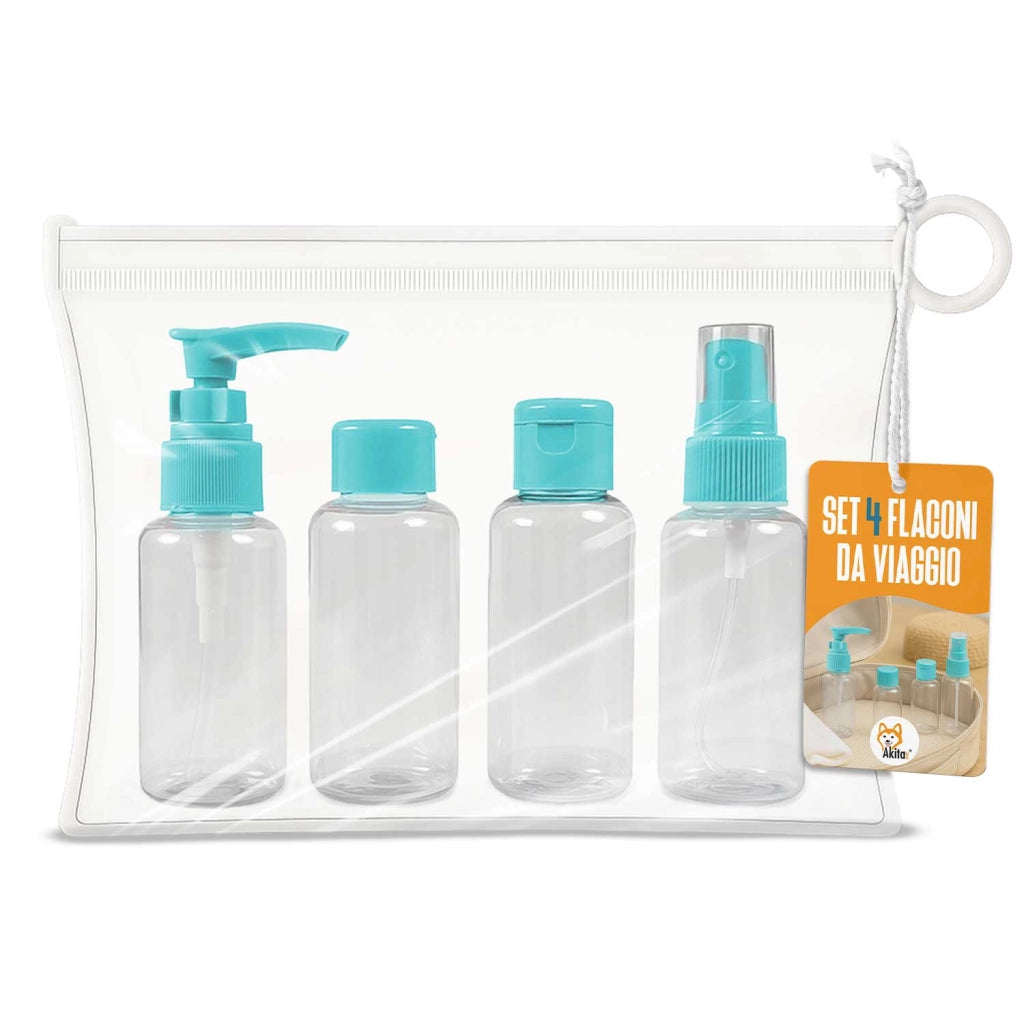 Akitaink Set Flaconi da Viaggio 4 Pz con Borsa Celeste 100 ml