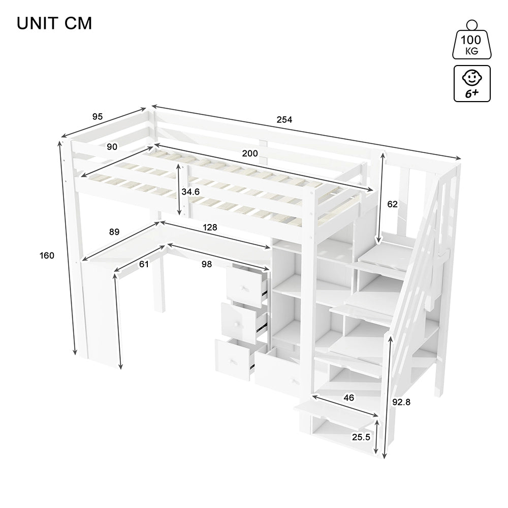 Letto mezzanino 90x200cm - Xylo - bianco, EN747, scrivania, cassetti