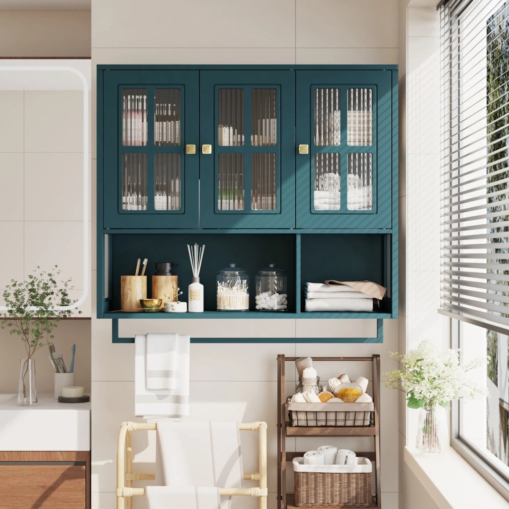 OKWISH Pensile da Bagno con 3 Ante, 1 Vano Aperto e Portasciugamani, MDF e Vetro, Verde Scuro, 88×26×82,5 cm