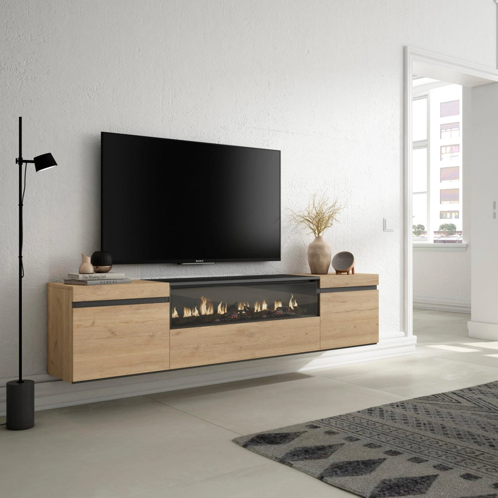 Mobile TV, 200x35x45cm, soggiorno, Per TV fino a 80", Camino elettrico, da appendere, colore Rovere e nero RF2153