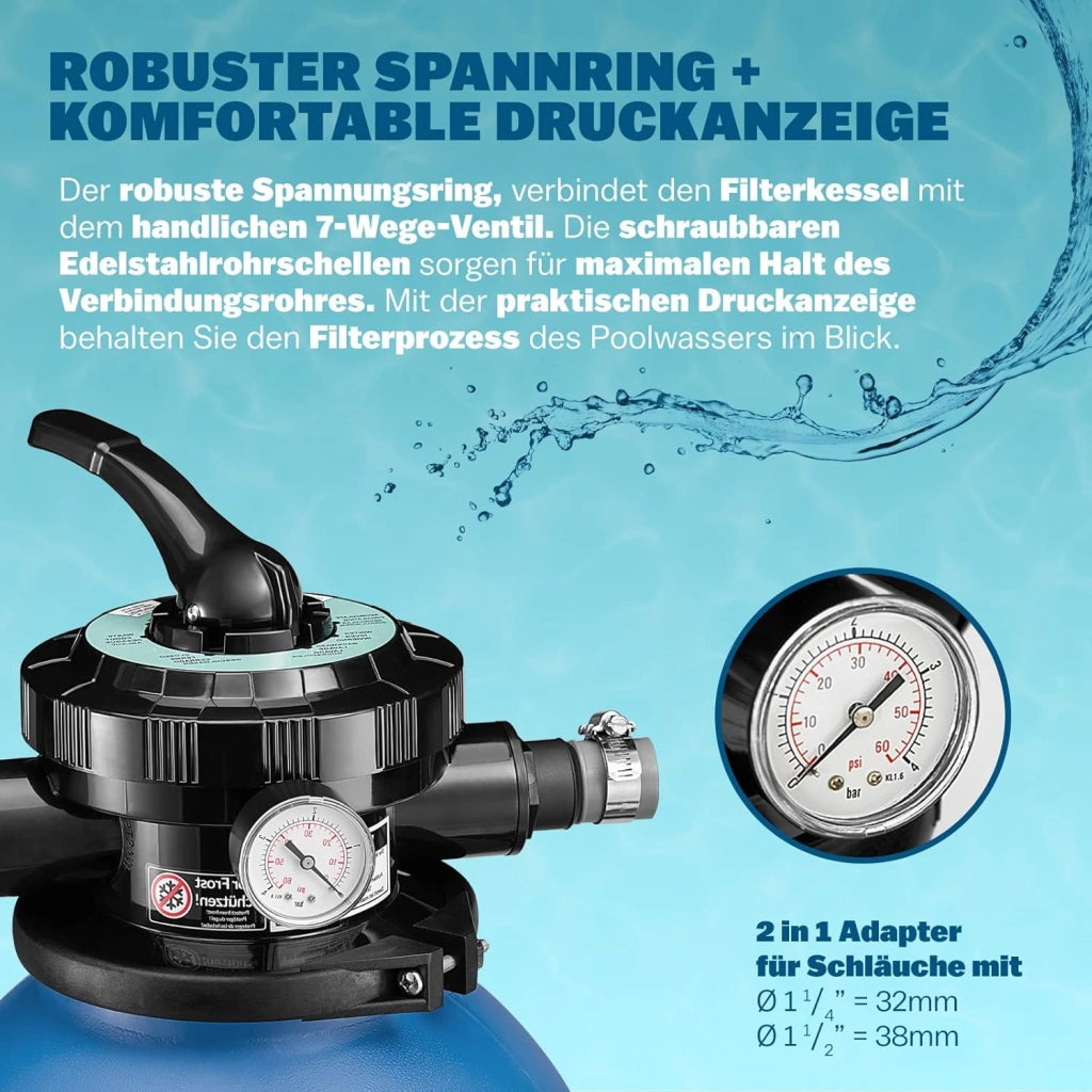 ® Filtro Acqua per Piscina SF102K 10.200 L/h Fino a 35.000L Palline Filtranti 1000gr Incl. Valvola a 7 Vie Adattatore 2in1 Ø32-38mm Pompa di Filtraggio 450W Filtri Piscine Pompe Filtranti