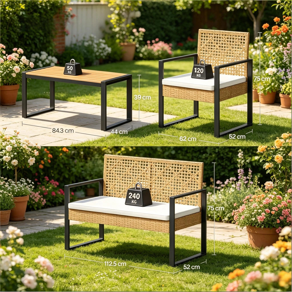 SALOTTO da giardino modulare Set da 4 pezzi in rattan PE e metallo color legno naturale