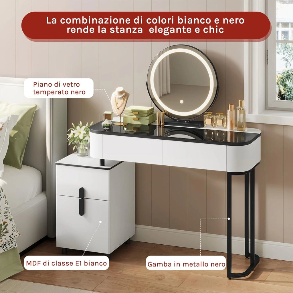 WOLTU Toeletta Trucco con Specchio LED Ø45cm, 3 Luci, 4 Cassetti, Tavolo da Trucco Moderno Bianco e Nero per Camera da Letto