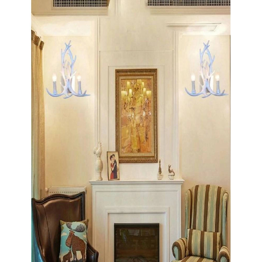 Trade Shop - Applique Country A Forma Di Corna Di Cervo Lampada Muro Retro 2 Portalampada E45 - Bianco