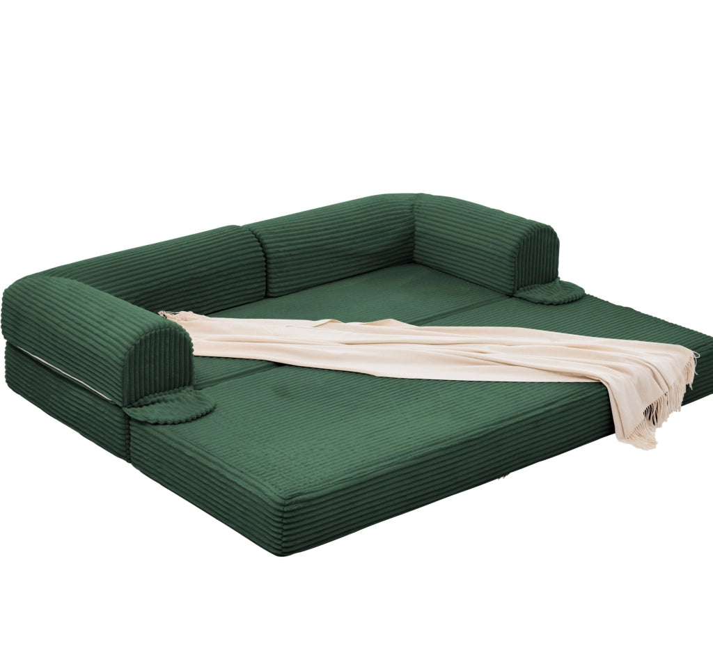 Divano letto trasformabile 2 posti in tessuto cordonato verde
