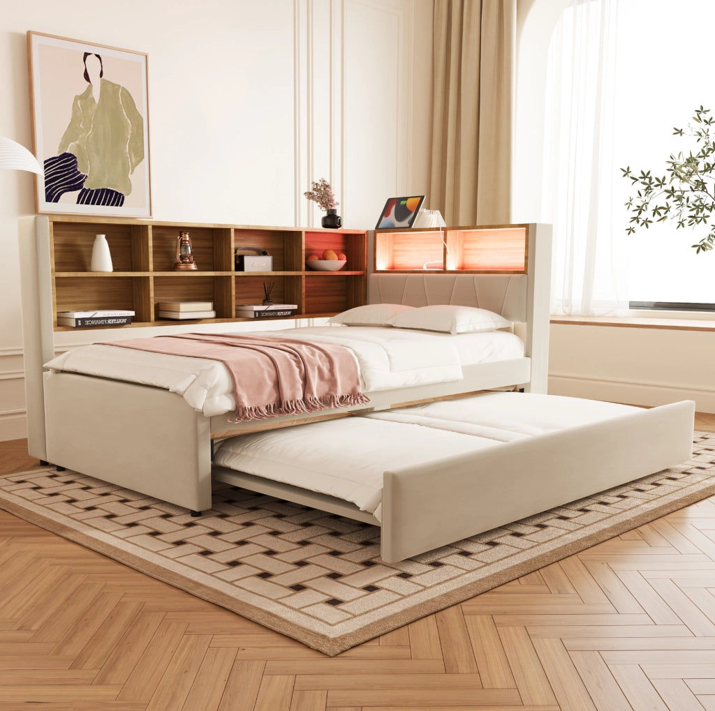 Divano letto 90x200 cm con letto estraibile 90x190 cm, LED e USB-C in flanella beige