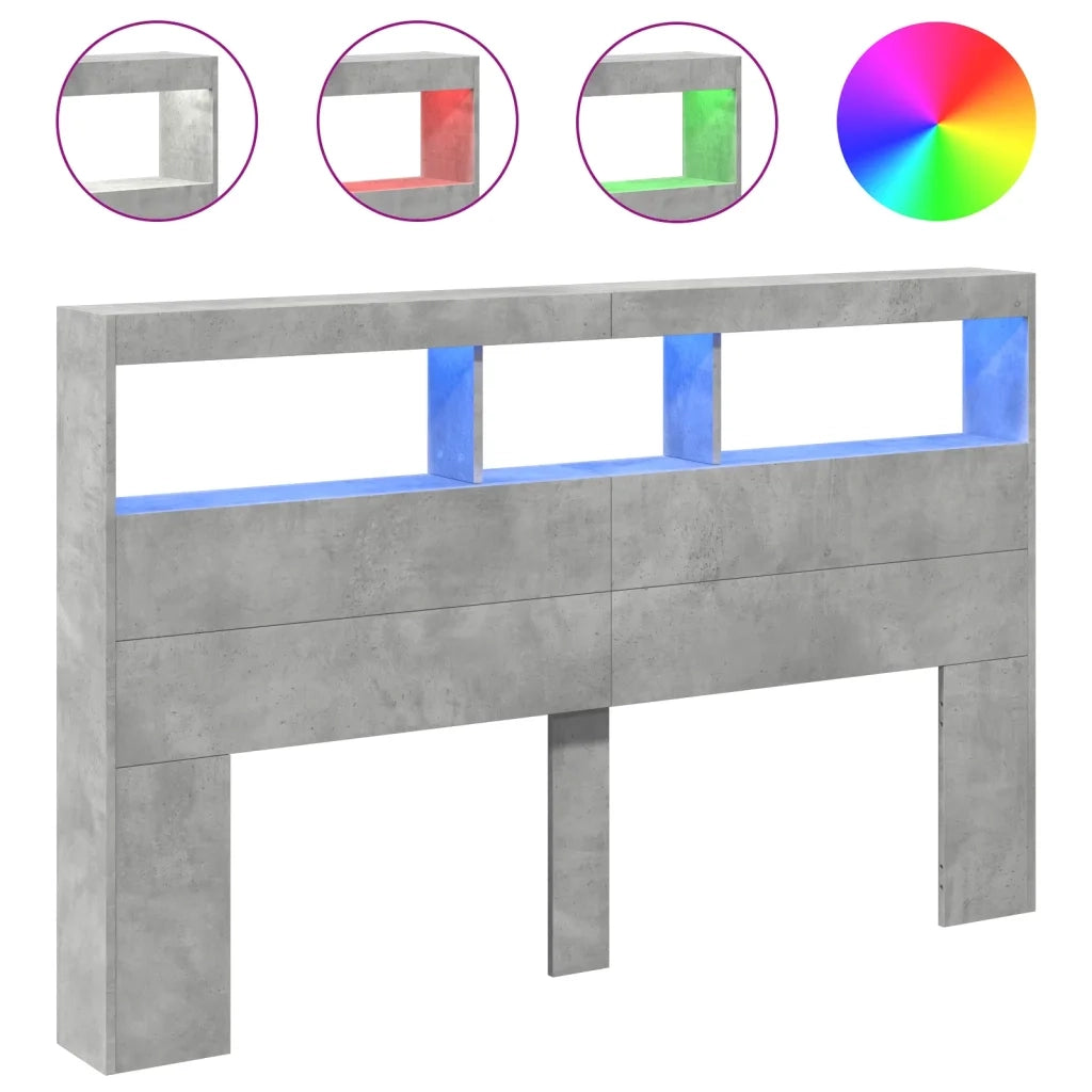 Testiera con Contenitore a LED-Testiera con Ripiani Grigio Cemento 160x17x102 cm