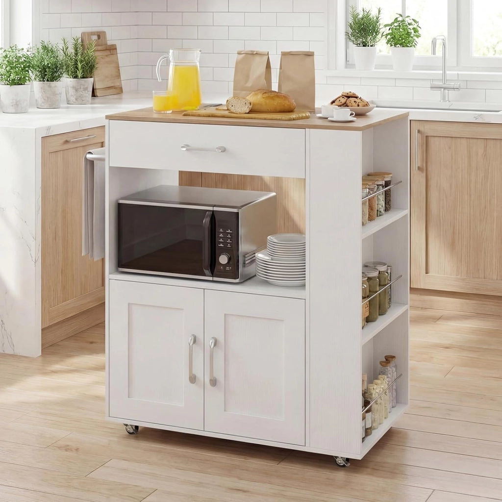 Carrello da Cucina con Ruote, Isola da Cucina con 3 Portaspezie 1 Cassetto Armadietto a 2 Porte, Carrello Portaoggetti con Portasciugamani, 82x46x92 cm (Bianco, con presa)