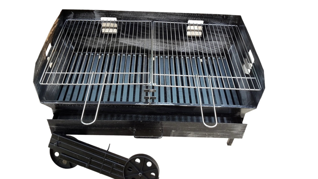 Barbecue a Legna e Carbonella in Ferro, con Ruote, Regolabile su 2 Altezze, Griglia in Acciaio, Ripiano poggia utensili 90x45 cm