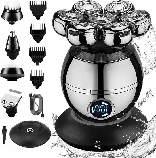 Scheerapparaat elettrico 5 in 1 per uomo - 7 lami rotanti - IPX6 impermeabile - uso sia in acqua che a secco - display a LED