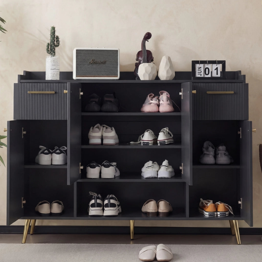 Scarpiera con 2 Cassetti e 4 Ante ¨C MINIMAL ¨C Nero, Metallo, 130x37x100 cm