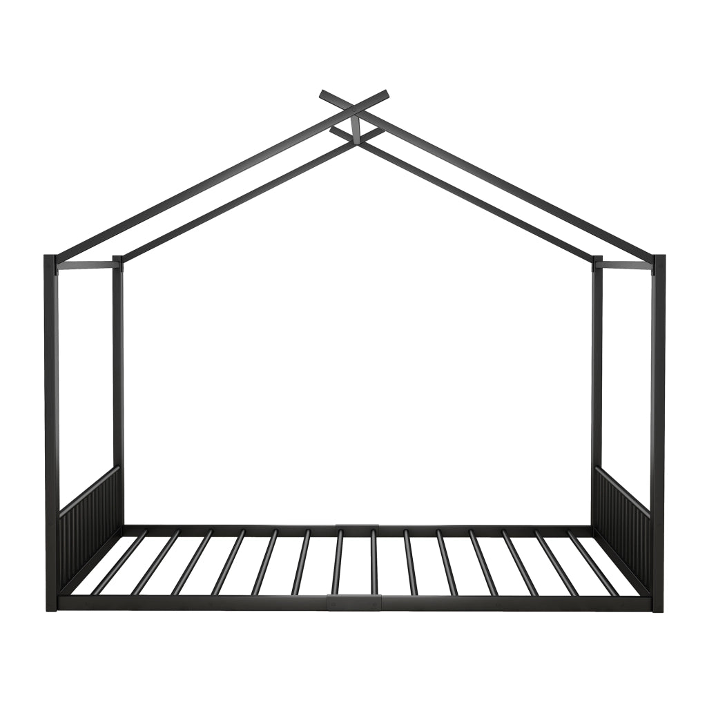 Letto a baldacchino in metallo nero 140x200 cm con struttura a forma di casa