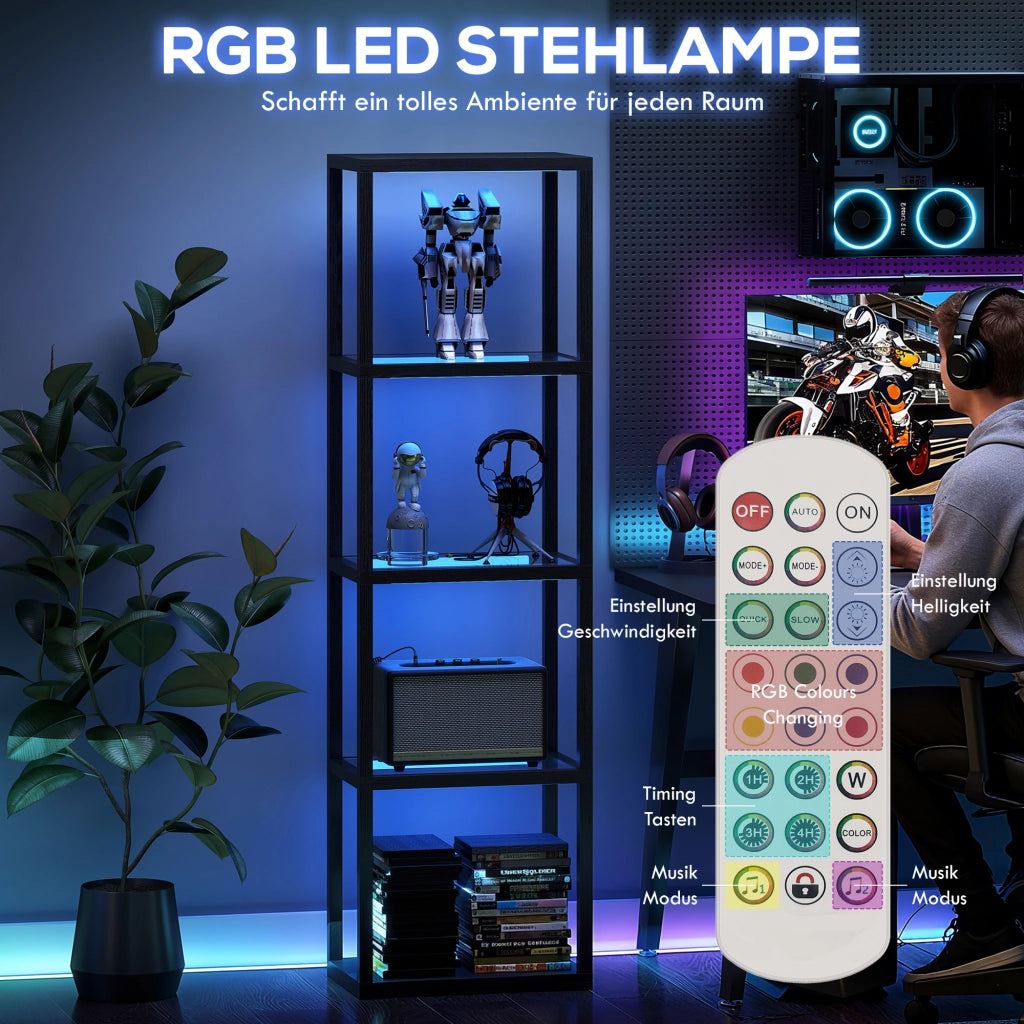 Lampada da Terra LED RGB con Mensole in Vetro ¨C Xylo ¨C 4 Ripiani Telecomando Sincronizzazione Musicale Nero