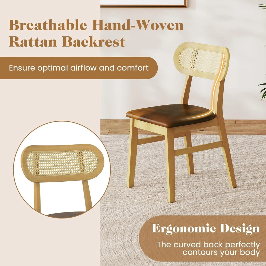 Set di 2 sedie da pranzo, sedie da cucina in similpelle con seduta imbottita, schienale in rattan PE, telaio in legno di gomma, sedia senza braccio per sala da pranzo, soggiorno (marrone