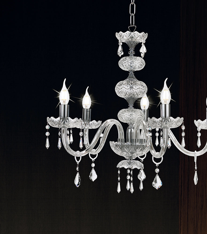 DALLAS/5 LAMPADARIO A SOSPENSIONE CROMO E CRISTALLO 5 LUCI ATTACCO E14 D.66CM