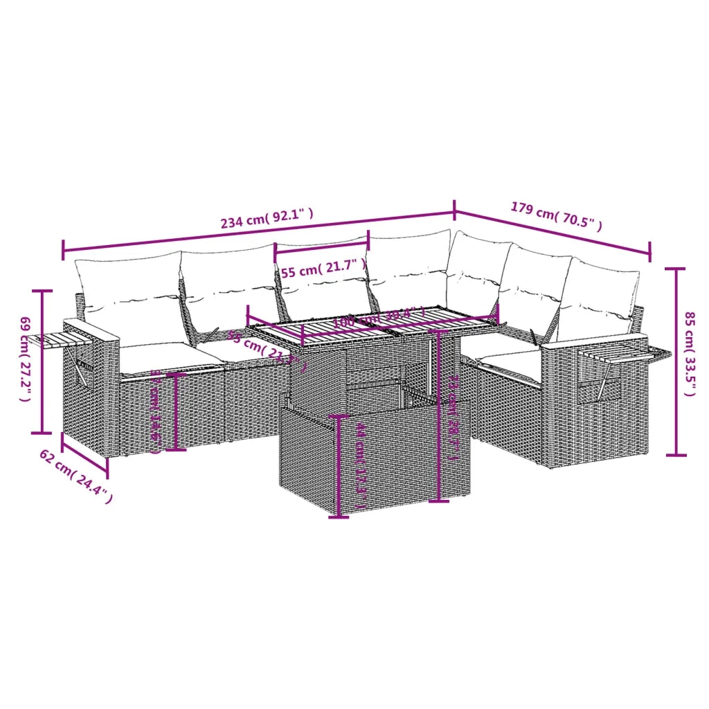 Set Divani da Giardino 7 pz con Cuscini Beige in Polyrattan