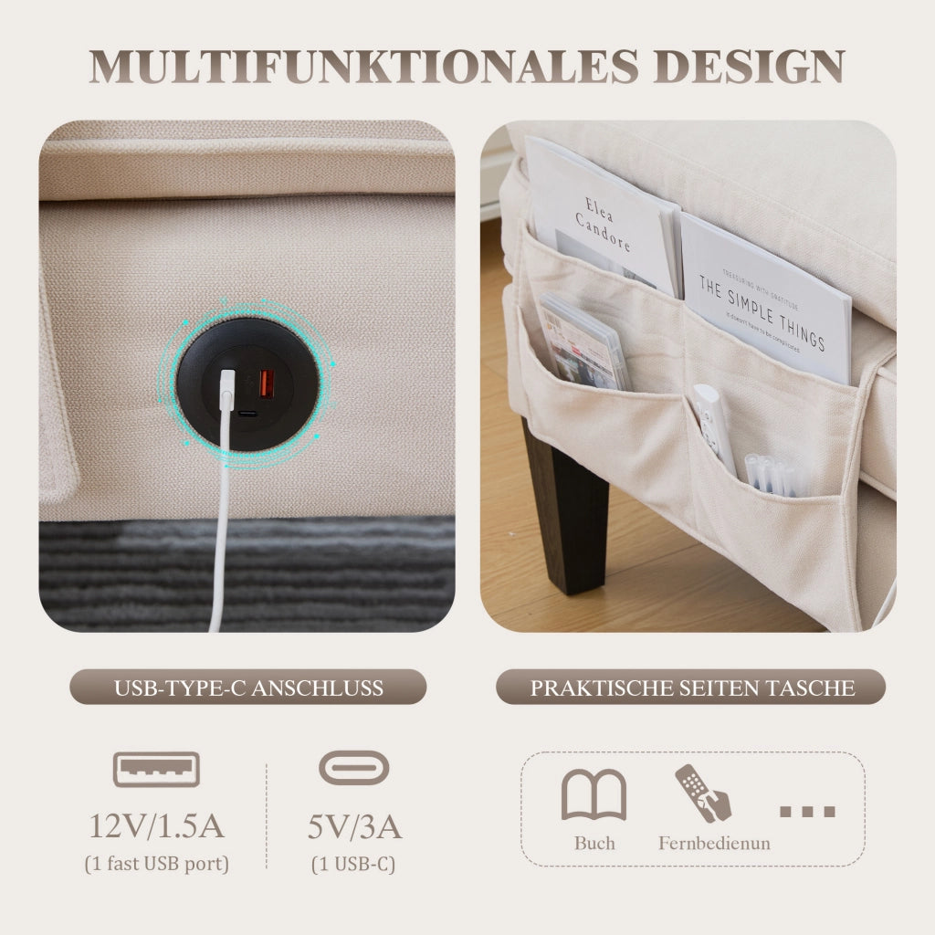 Divano a U 4 posti - con chaise longue; tasche laterali e porte USB - in lino beige