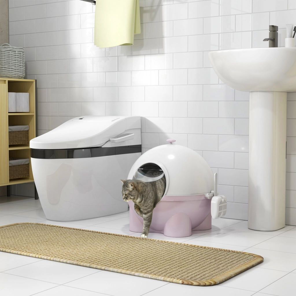 Lettiera per Gatti con Coperchio e Paletta ¨C Zephmum ¨C Bianca e Rosa 53x51x48 cm