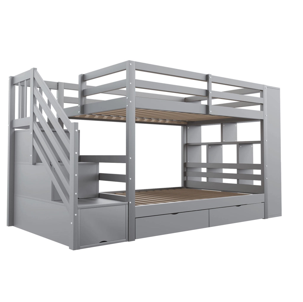 Letto a castello modulare 90x200 cm in legno grigio con scala contenitore e cassetti