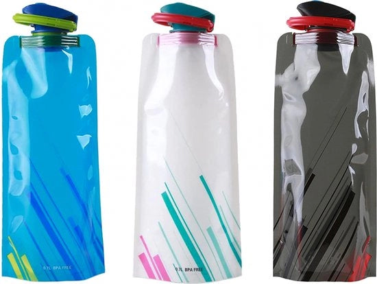 Sportfles per 3 Unità - Adatto per Adulti e Bambini - Ossidiana 700ML - BPA Veloce - Sportfles Opvougbile - Sacchetti di plastica per bere con clip per sport all'aperto - Ossidiana Flexibile