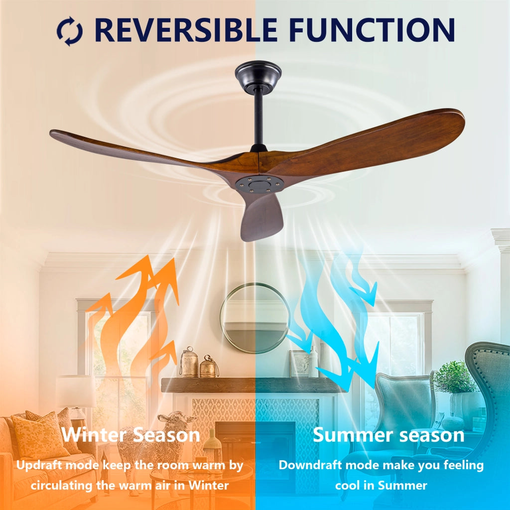 Ventilatore da soffitto 52 pollici, 3 pale legno, design ad elica, funzione memoria, telecomando, finitura noce, per terrazze e soggiorni