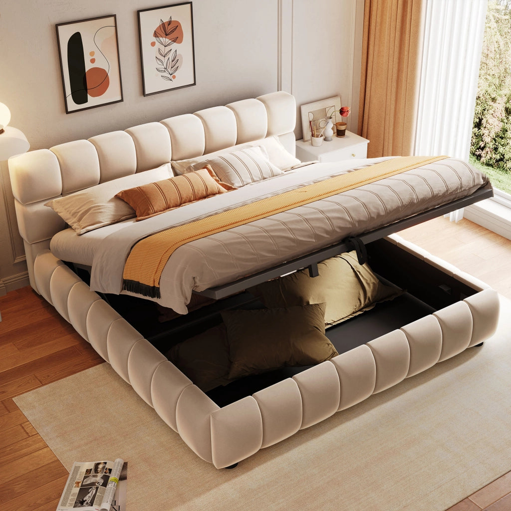 Letto Contenitore 140 x 200 cm; testiera imbottita; contenitore idraulico in Velluto Beige