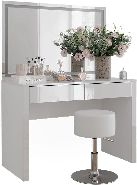 Tavolo da toilette Annabelle, Bianco lucido/bianco, 110 cm con specchio LED e sgabello, Tiene sempre a portata di mano i prodotti di uso quotidiano