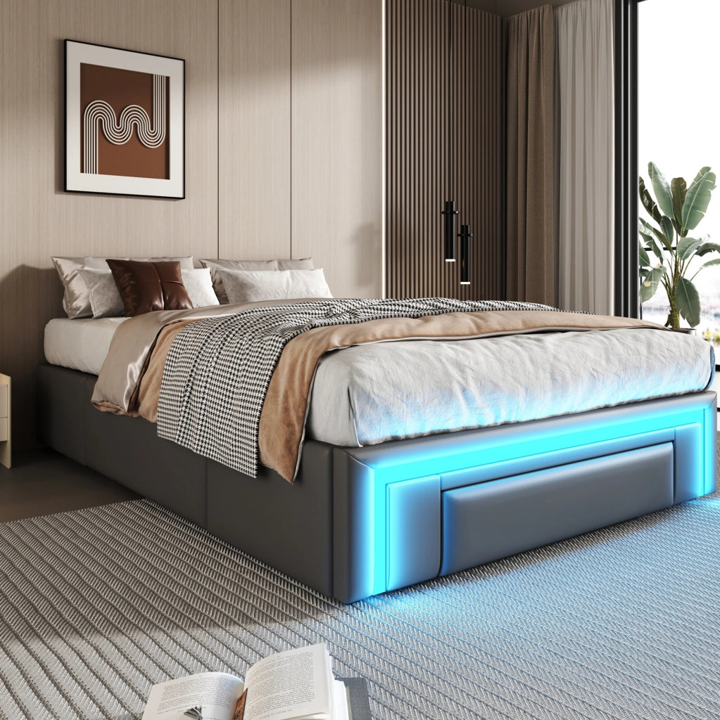 Letto 90x200 cm grigio in PU con cassetti, rete in metallo e LED RGB