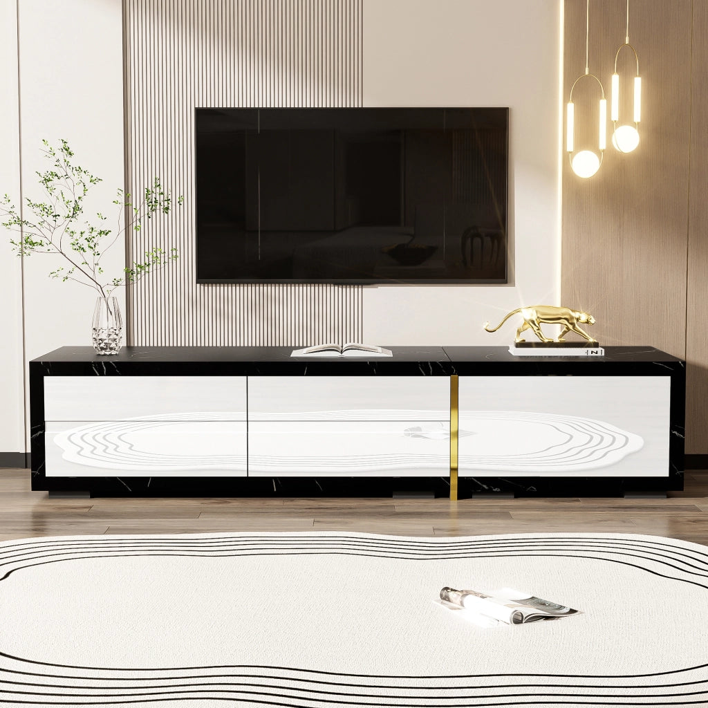 Mobile TV Allungabile Girevole 140–260 cm con Contenimento; Effetto Marmo Nero; Frontale Bianco Lucido; Dettagli Oro; MDF; 140×40×30 cm
