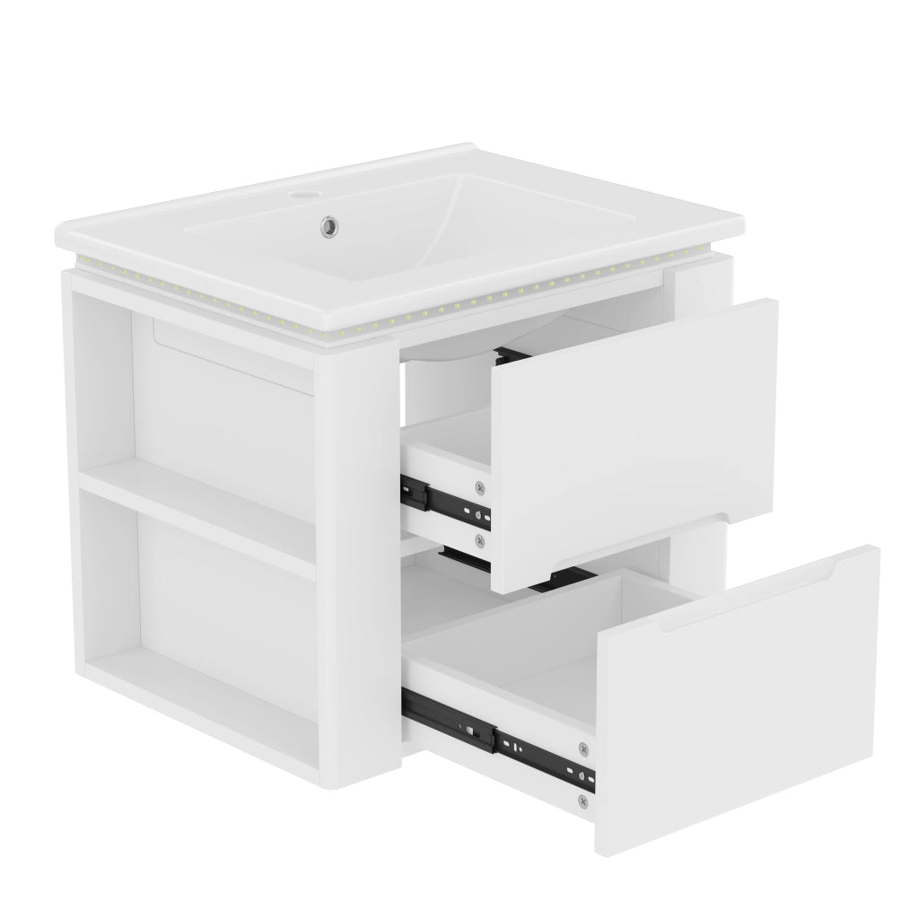 Mobile da Bagno con Lavabo Integrato e LED ¨C MINIMAL ¨C Bianco, 2 Cassetti, 61x46x48.5 cm