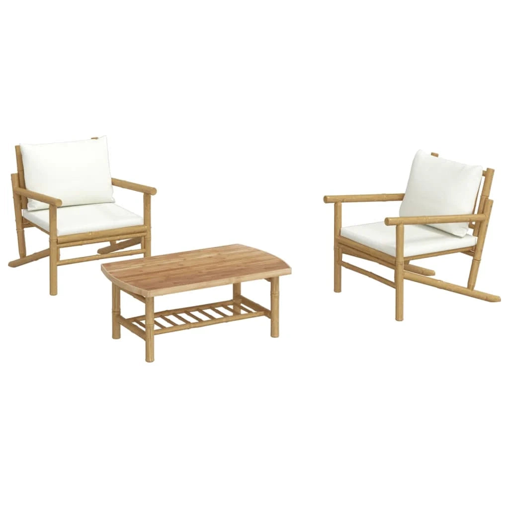 Set di mobili da giardino mobili da esterno set da 3 pezzi con cuscini bambù bianco crema 02_0015921