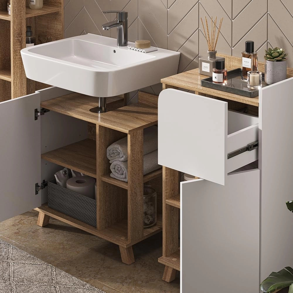 Set di mobili da bagno Karen, Sonoma/Bianco, 60 cm, composto da mobile lavabo, pensile a specchio, colonna e base media