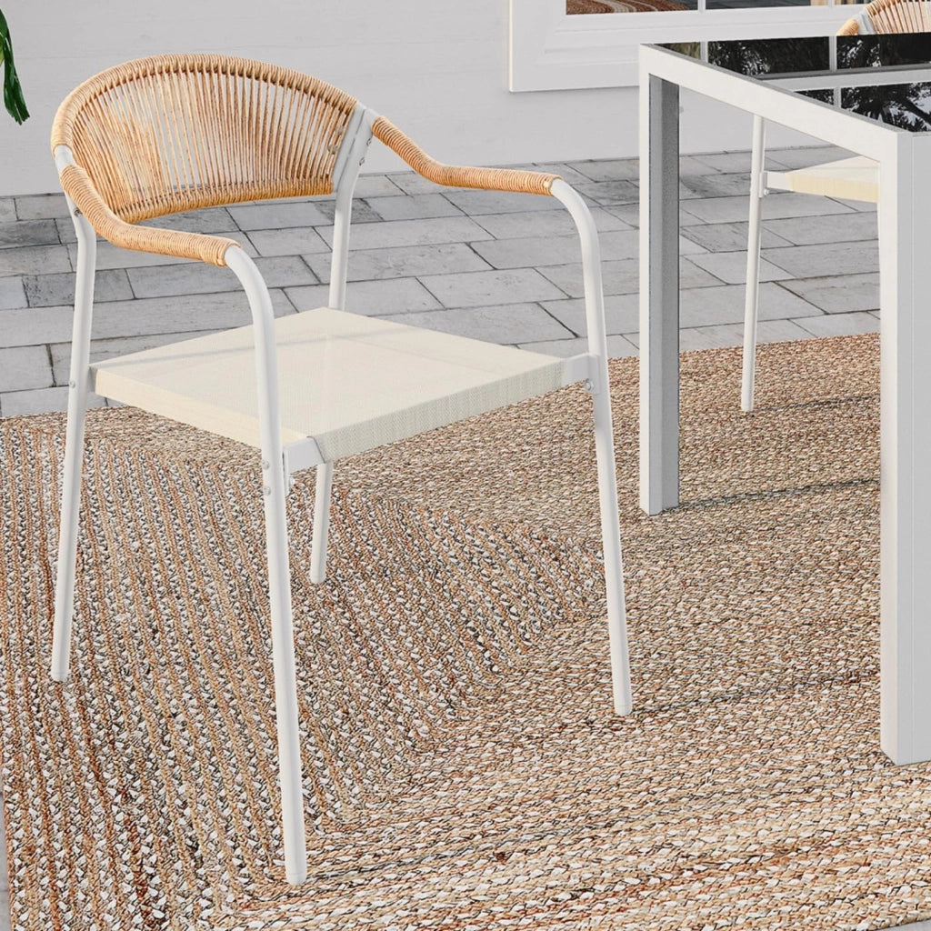 Set di 6 sedie da giardino Madeira in metallo bianco corda e textilene beige e rattan chiaro