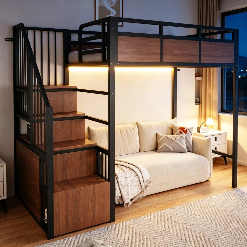 Letto a soppalco con LED ¨C Minimal ¨C nero metallo pino 90x200 cm