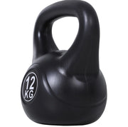 Kettlebell 12 kg con struttura in plastica e riempimento di sabbia, colore nero