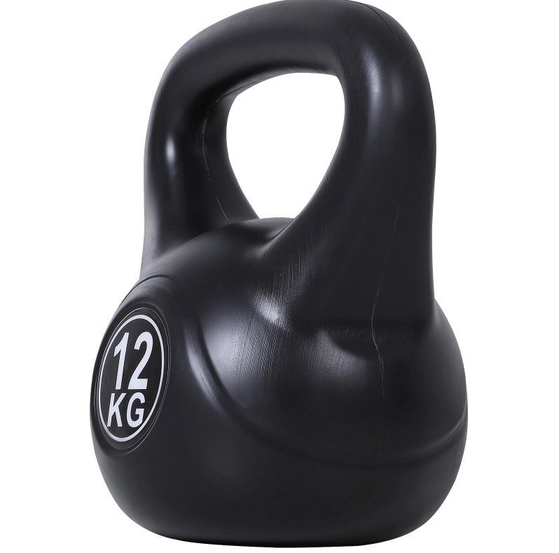 Kettlebell 12 kg con struttura in plastica e riempimento di sabbia, colore nero