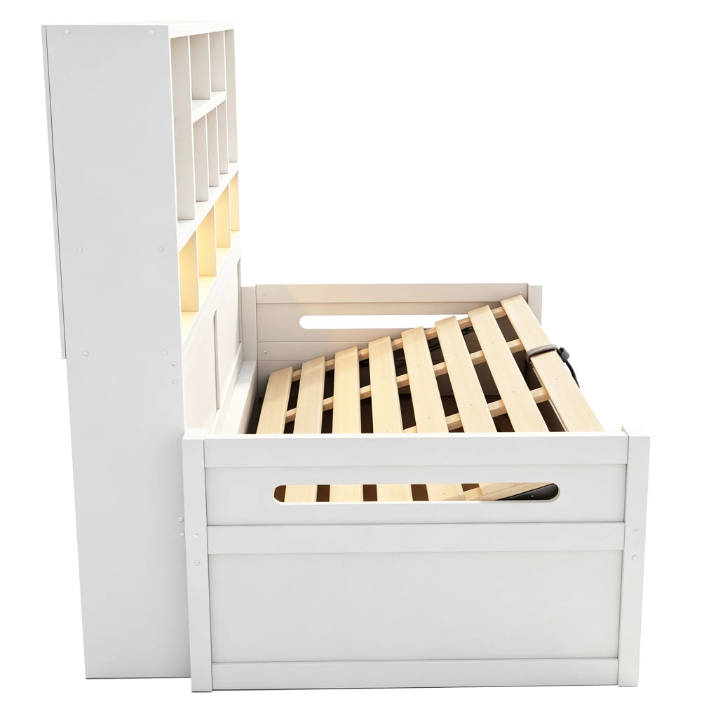 Letto contenitore 90x200 cm con sollevamento idraulico; LED; USB e ripiani portaoggetti; MDF bianco