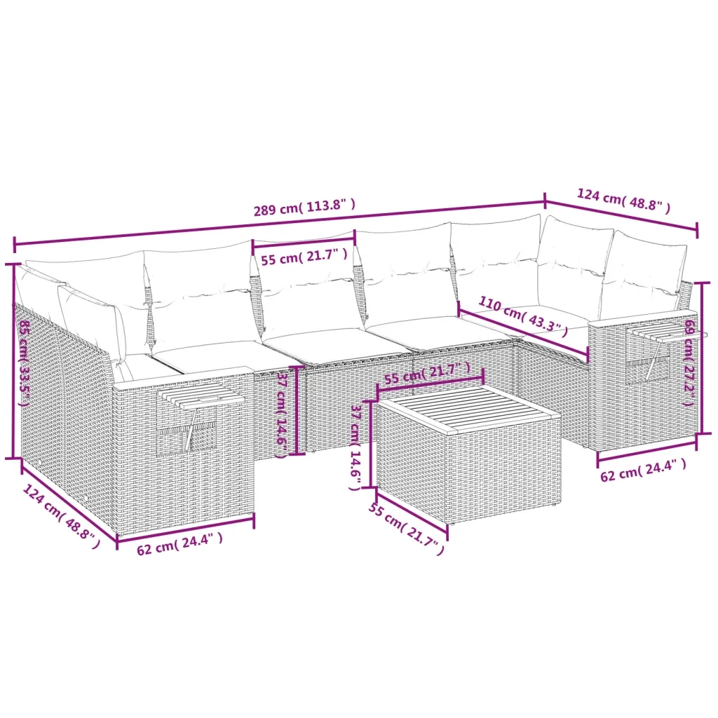 Set Divano da Giardino 8 pz con Cuscini Beige in Polyrattan 3259056
