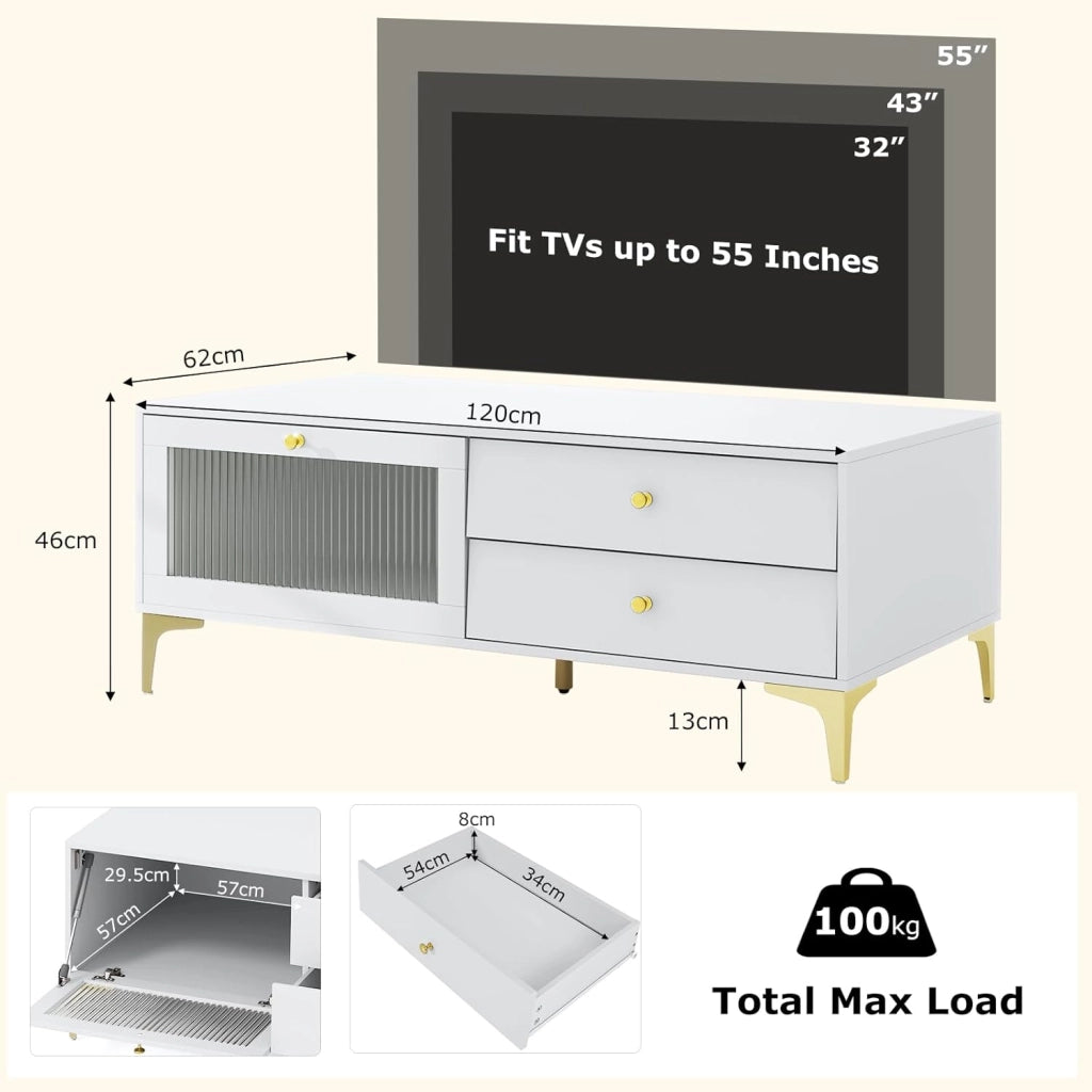 Mobile TV, mobile TV, mobile TV, supporto per TV fino a 55 pollici, cassettiera con 2 cassetti e porta apribile in vetro temperato, mensola TV 120 x 62 x 46 cm