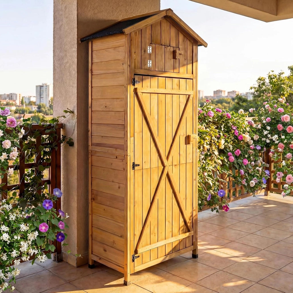 Armadio da Esterno, Armadietto da Giardino in Legno con Porta a Fienile Richiudibile con Serratura, Mensole Rimovibili, Tavolo Laterale Pieghevole, 3 Ganci e Tetto in Asfalto